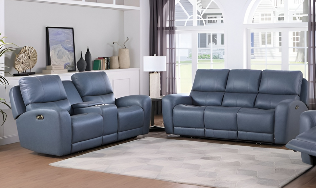 Leather Italia Bel Air Blue Power Leather Living Room Set-Jennifer Furniture