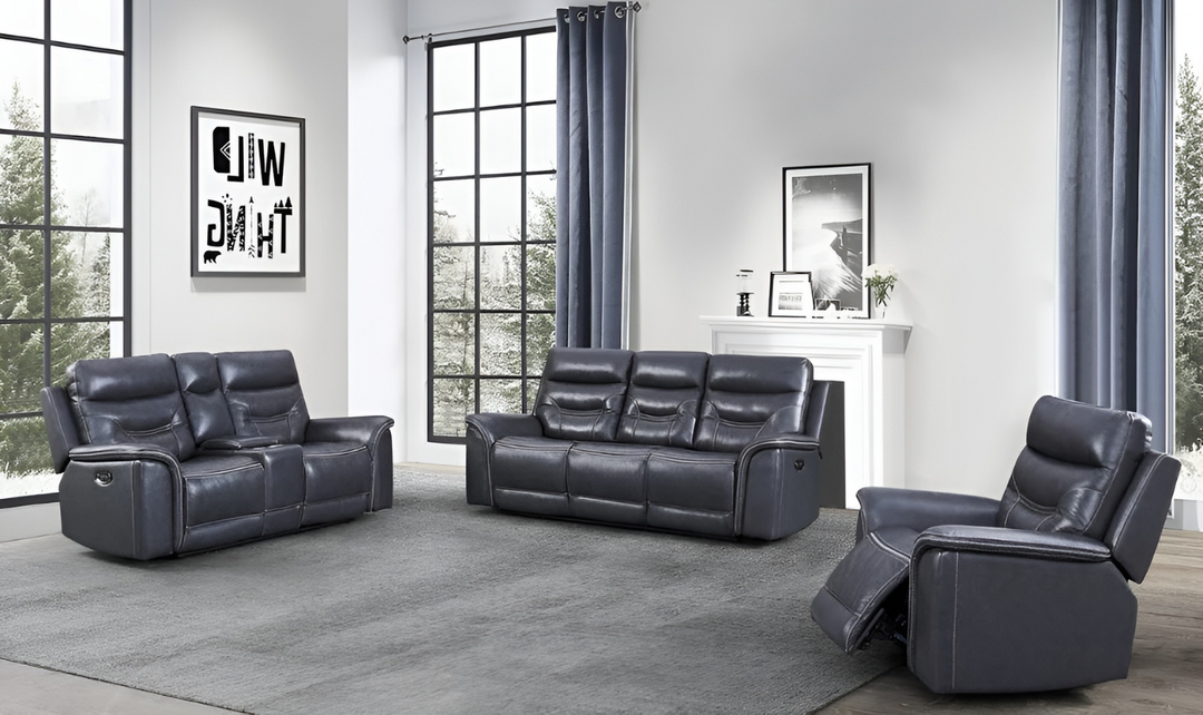 Leather Italia Bullard Gray Leather Power Reclining Living Room Set- jennifer furniture