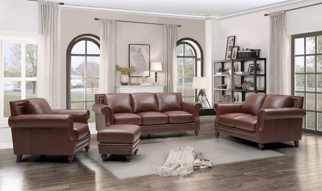 Leather Italia Butler Brown Leather Attached Cushion Ottoman-Jennifer Furniture