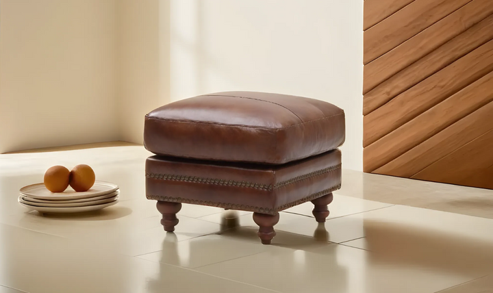 Leather Italia Butler Brown Leather Attached Cushion Ottoman-Jennifer Furniture