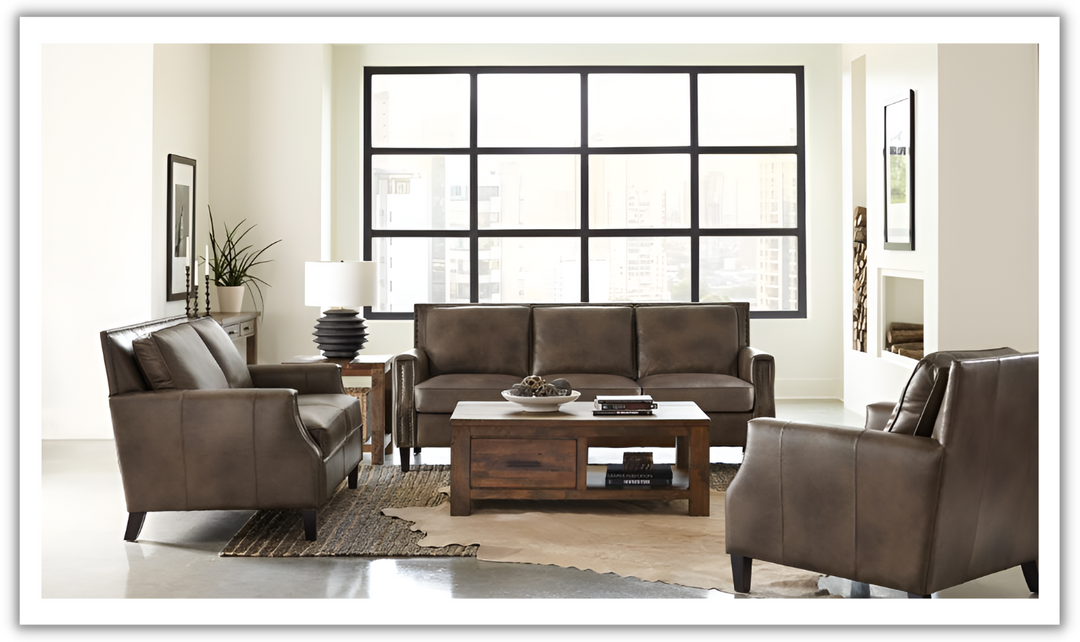 Leaton Brown Faux Leather Upholstered Living Room Set-Jennifer Furniture