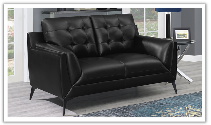 Coaster Furniture Moira Tufted Leather Cushion Arm Loveseat In Black-Jennifer Furniture