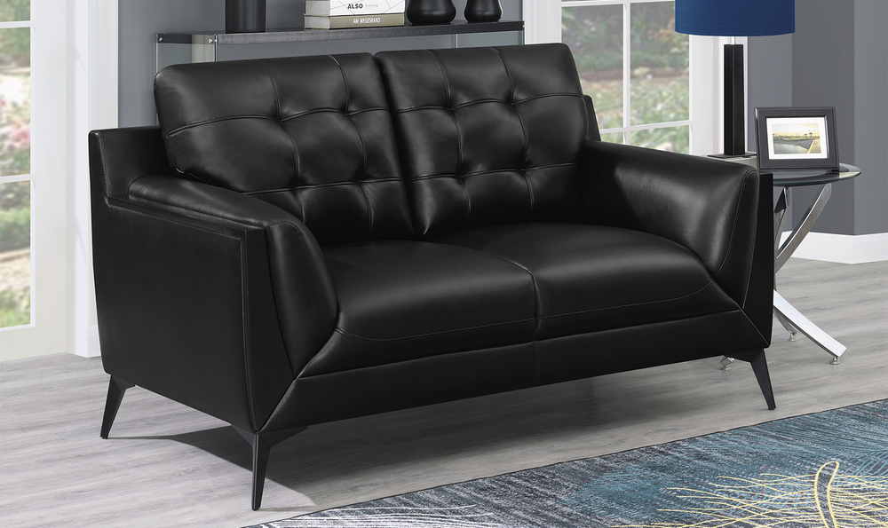 Coaster Furniture Moira Tufted Leather Cushion Arm Loveseat In Black-Jennifer Furniture