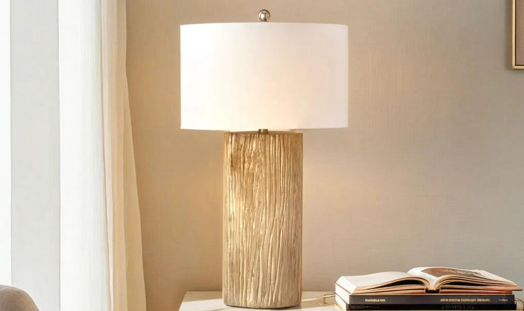 Reclaimed Wood 30" Gold Polyresin Table lamp w/ White Shade. (Set of 2)