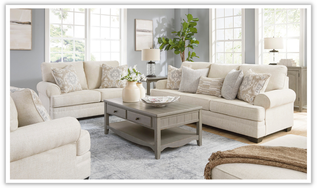 Rilynn Beige Fabric Loveseat with Rolled Cushion Arms