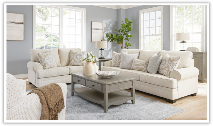 Rilynn Beige Fabric Living Room Set With Rolled Arms