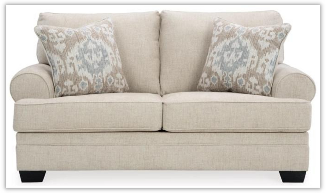 Rilynn Beige Fabric Loveseat with Rolled Cushion Arms