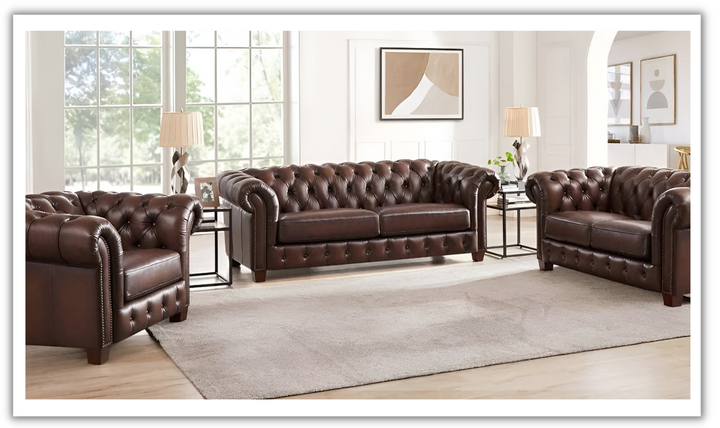 Versailles Leather Living Room Set With Rolled Arms