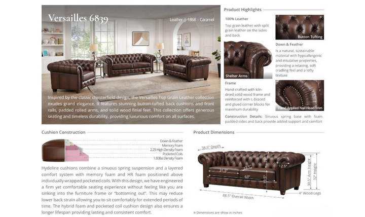 Versailles 2-Seater Leather Sofa With Rolled Arms-Jennifer Furniture