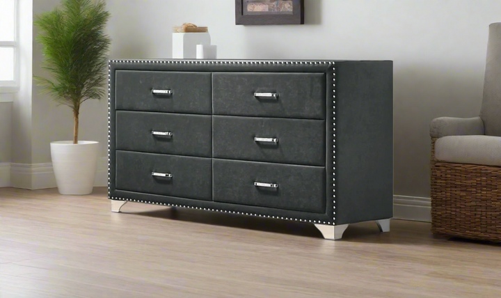 Coaster Melody Grey Velvet Upholstered 6-Drawer Dresser
- Jennifer Furniture