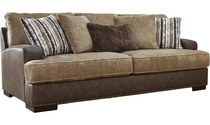 Ashley  Alesbury 3-Seater Brown Leather Sofa in Bronze Nailhead Finish