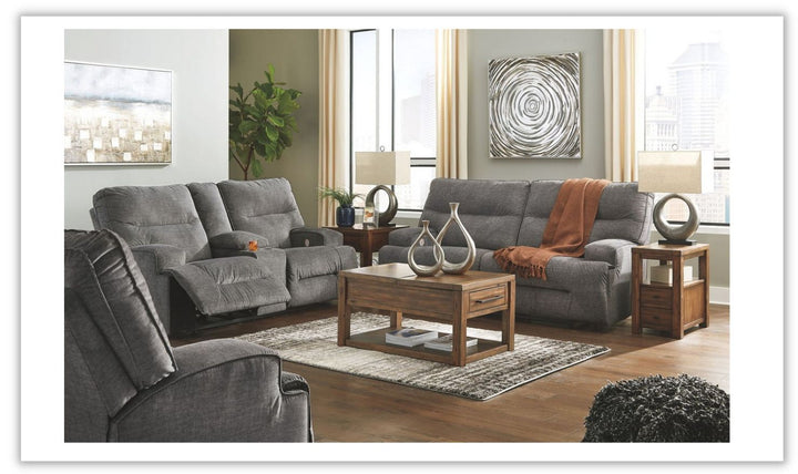 Ashley  Coombs Fabric Power Recliner Living Room Set in Gray