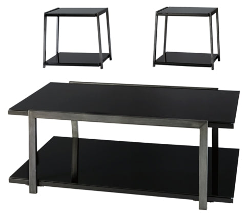 Ashley  Rollynxx Occasional Black Glass Top Table Set (SET OF 3)