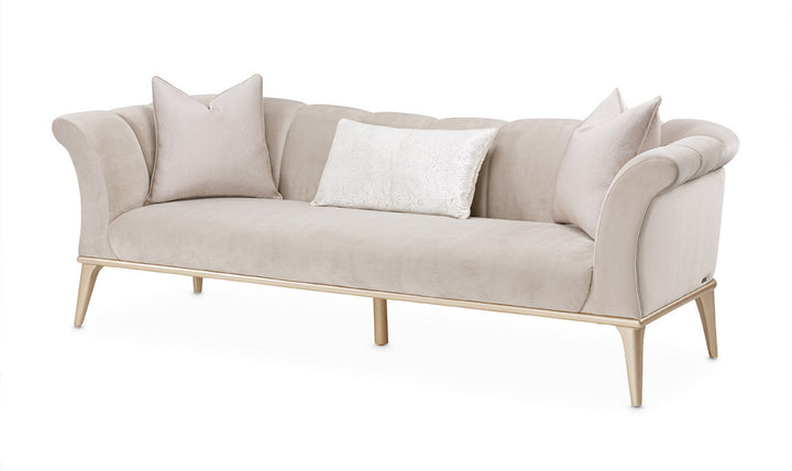 AICO Yvette 3-Seater Tufted Fabric Sofa with Rolled Arms in Medium Champagne