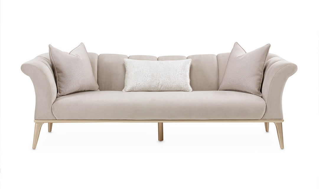 AICO Yvette 3-Seater Tufted Fabric Sofa with Rolled Arms in Medium Champagne