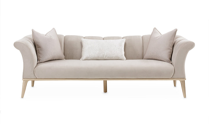 AICO Yvette 3-Seater Tufted Fabric Sofa with Rolled Arms in Medium Champagne