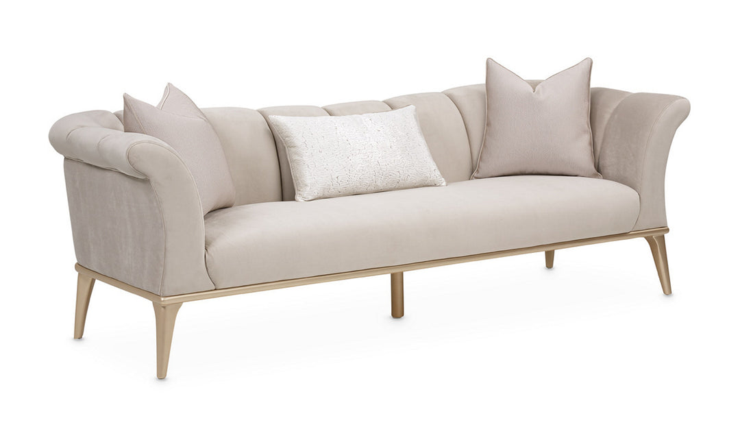 AICO Yvette 3-Seater Tufted Fabric Sofa with Rolled Arms in Medium Champagne