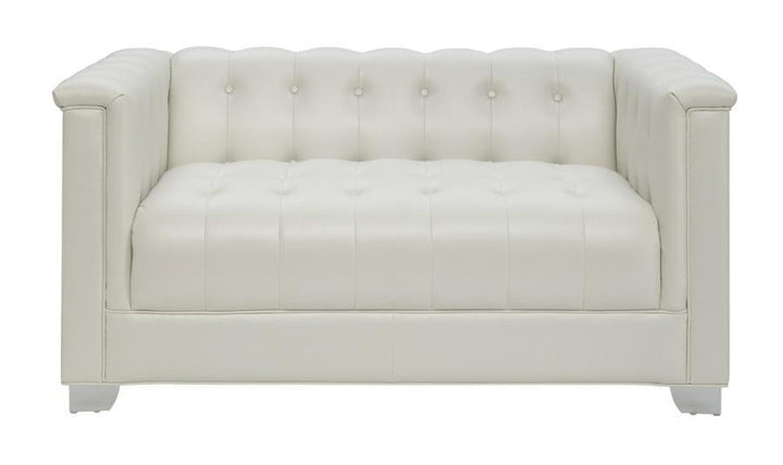 Coaster Furniture Chaviano Tufted Leather Tuxedo Arm Loveseat in White